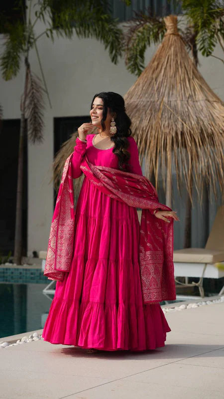 PURE ROMANSILK CHANDERI FABRIC FULLY FLAIR ANARKALI,WITH DUPPTA SET