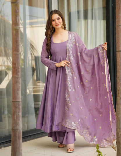 ELEGANT SILK GOWN SET WITH EMBROIDERY WORK