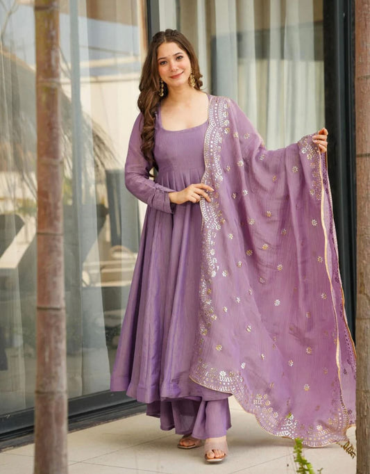 ELEGANT SILK GOWN SET WITH EMBROIDERY WORK