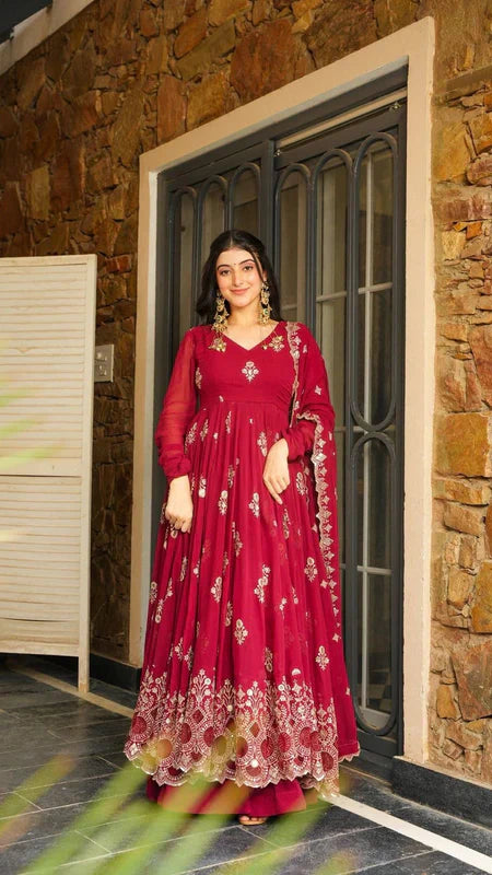 RED GEORGETTE GOWN SET WITH GOLDEN WORK