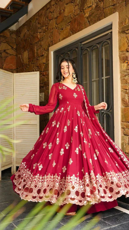 RED GEORGETTE GOWN SET WITH GOLDEN WORK