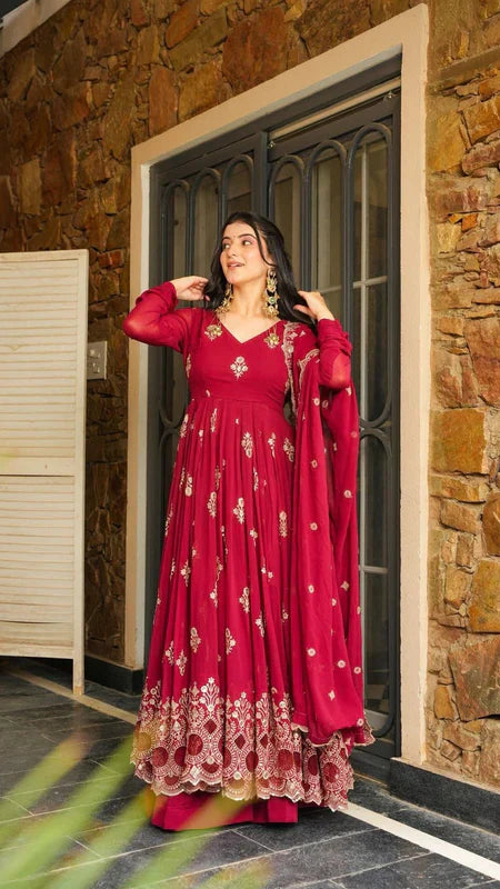 RED GEORGETTE GOWN SET WITH GOLDEN WORK