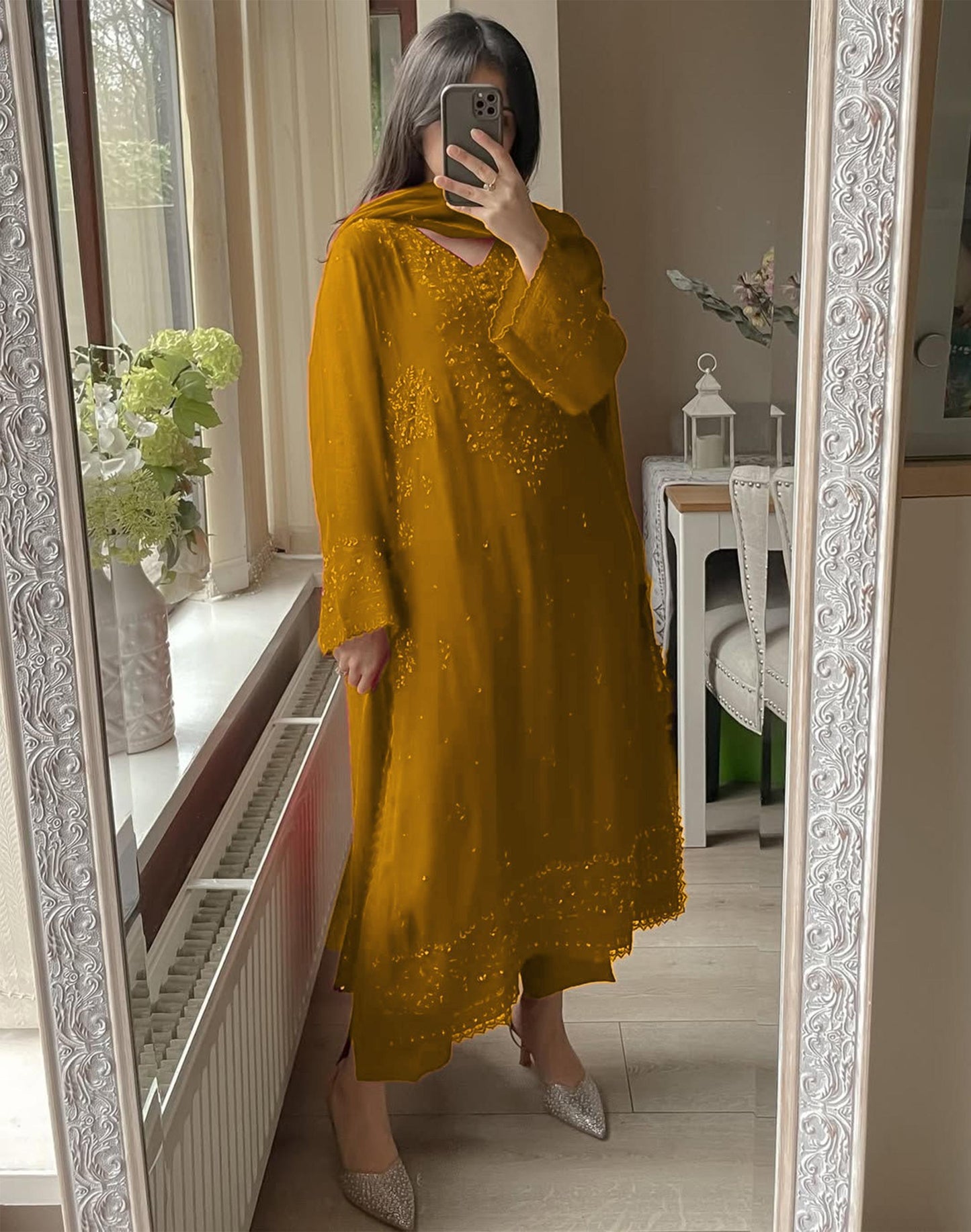 Georgette moti work set with embroidery