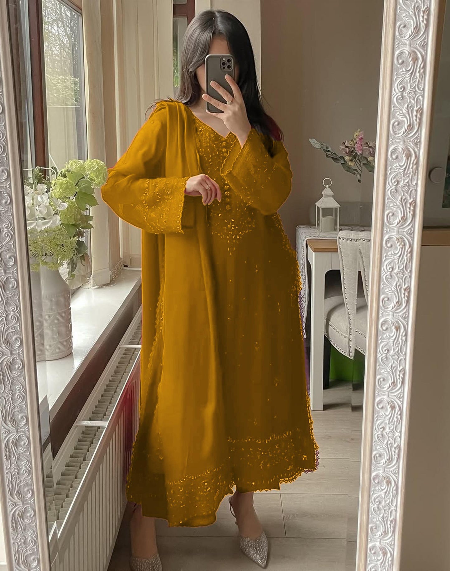 Georgette moti work set with embroidery