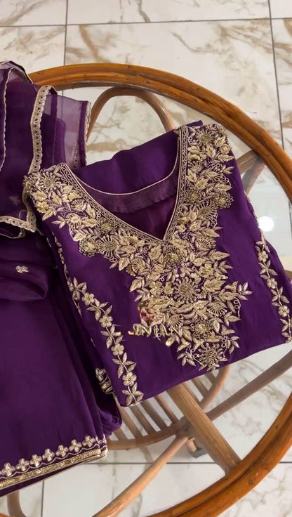 Voilet ethnic set with allover embroidery with dupatta