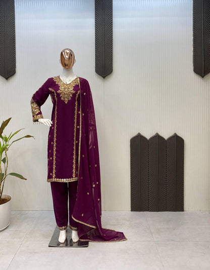 Voilet ethnic set with allover embroidery with dupatta