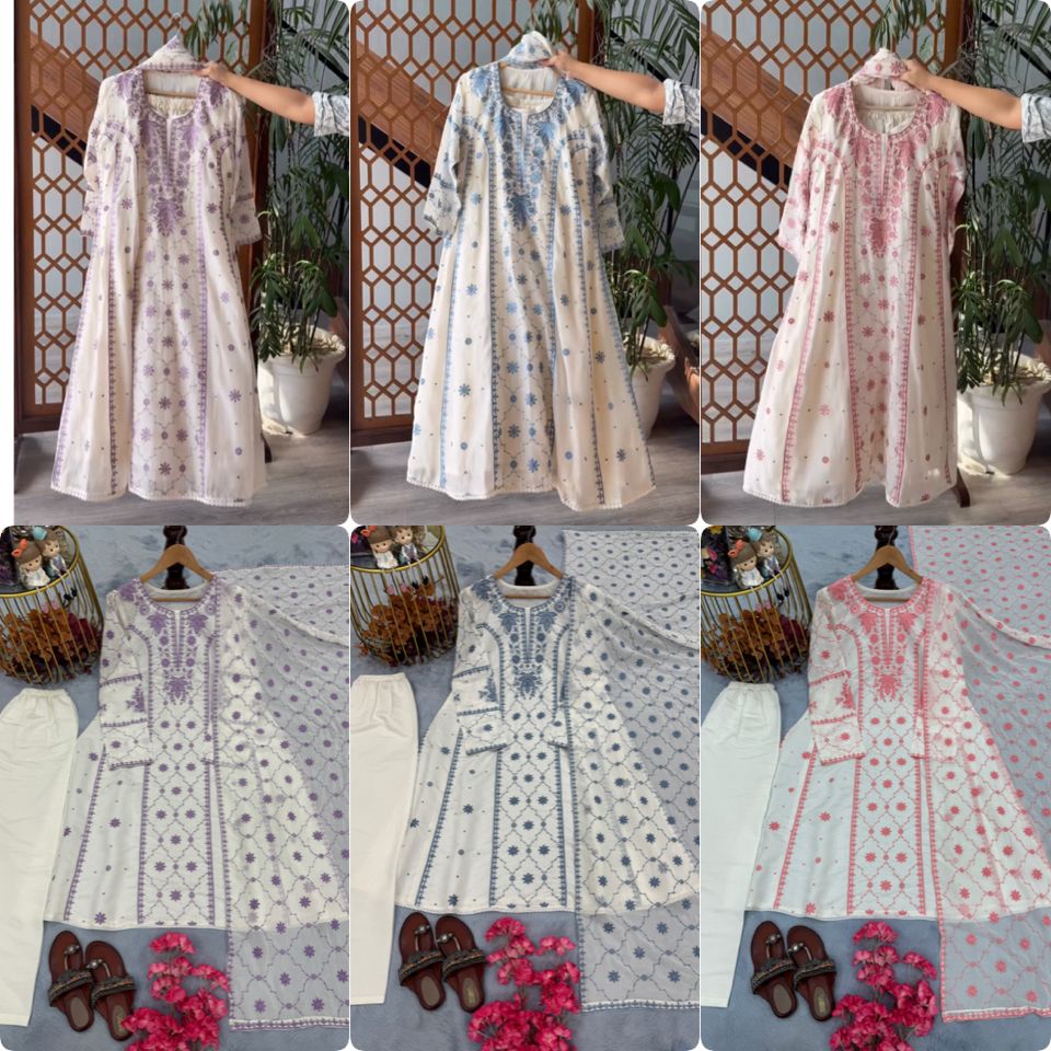 Chikankari colourfull set wut dupatta