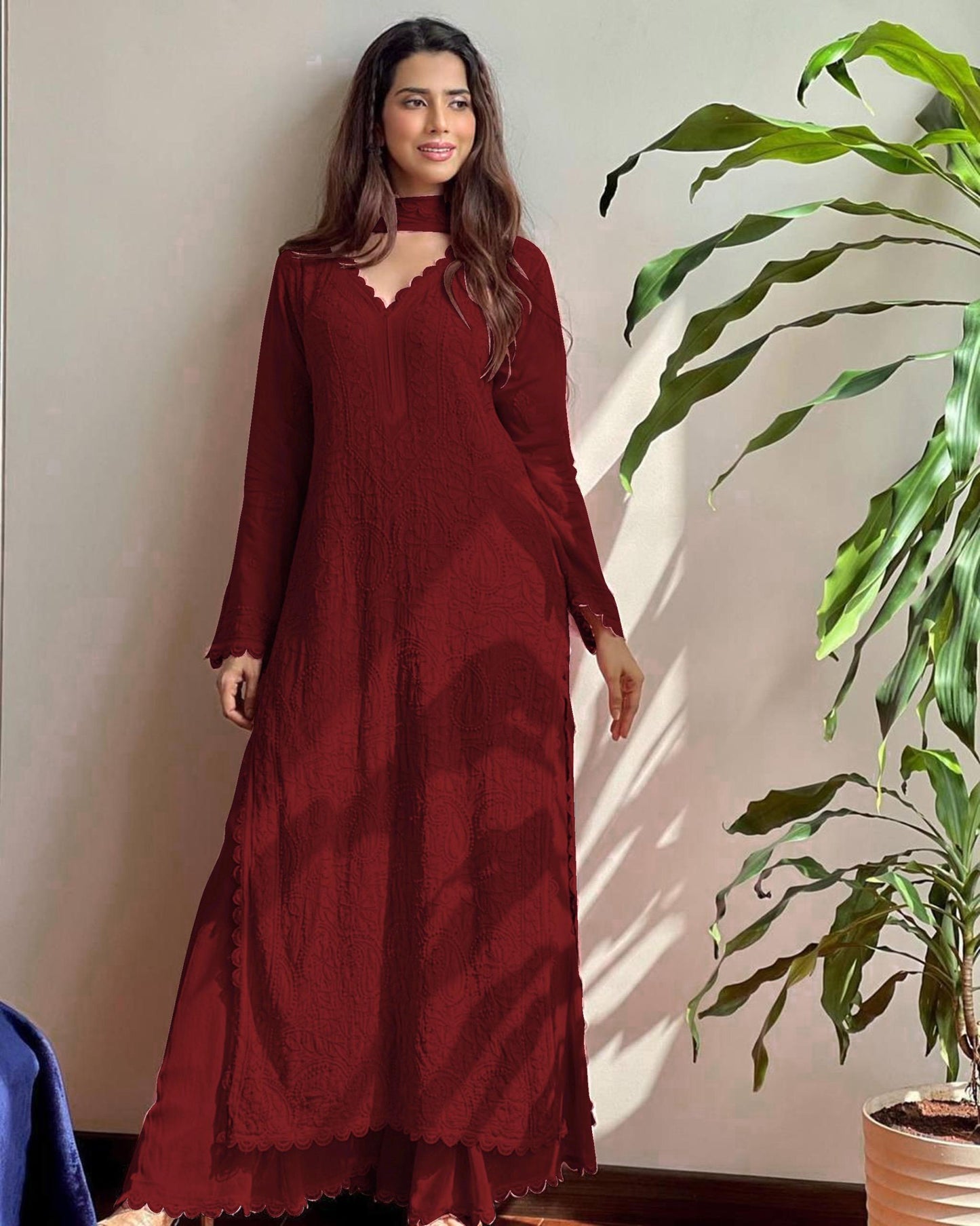 Viscose Georgette chikankari kurta with Plazzo and Dupatta