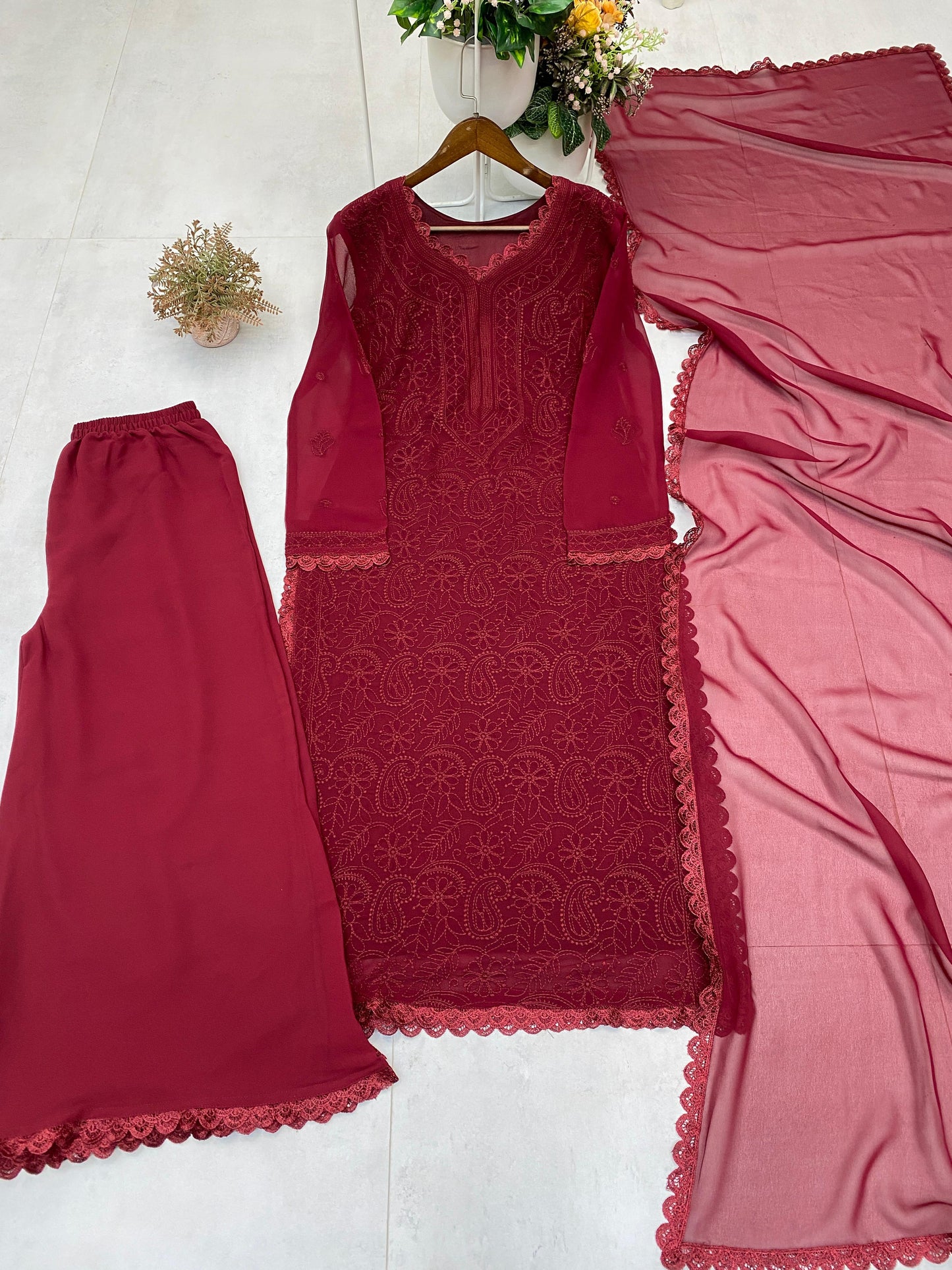 Viscose Georgette chikankari kurta with Plazzo and Dupatta