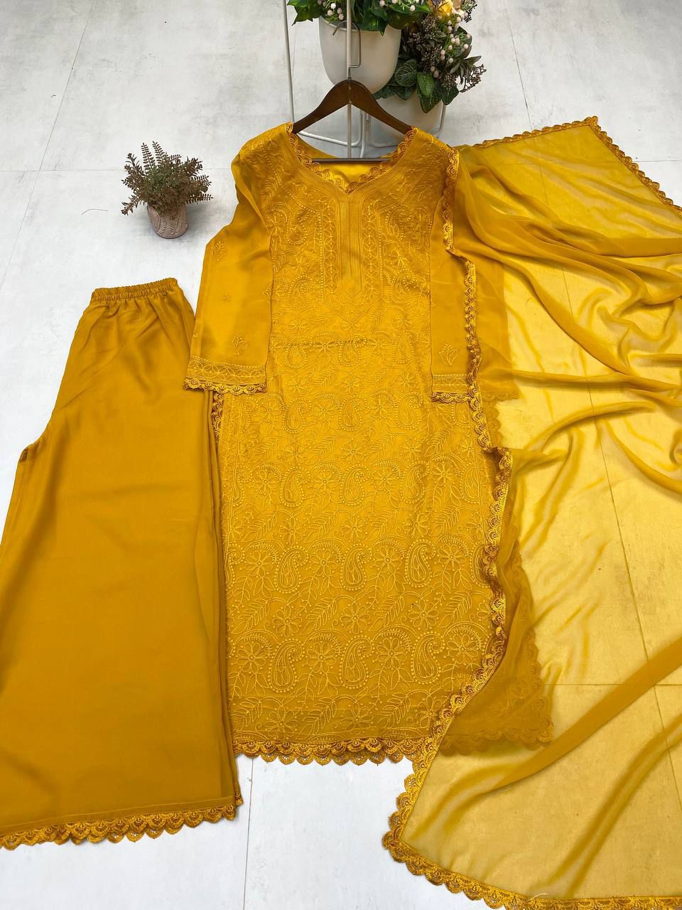 Viscose Georgette chikankari kurta with Plazzo and Dupatta