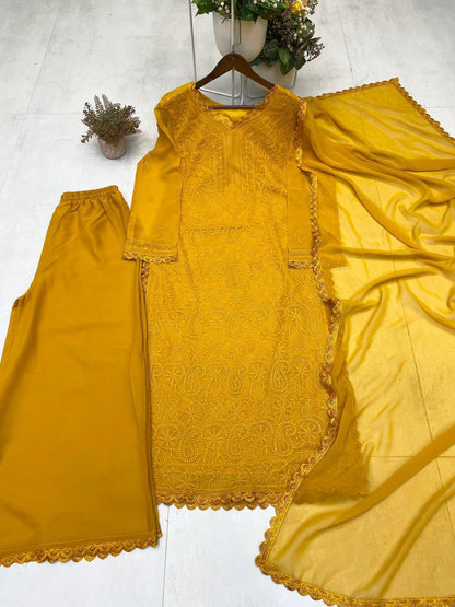 Viscose Georgette chikankari kurta with Plazzo and Dupatta