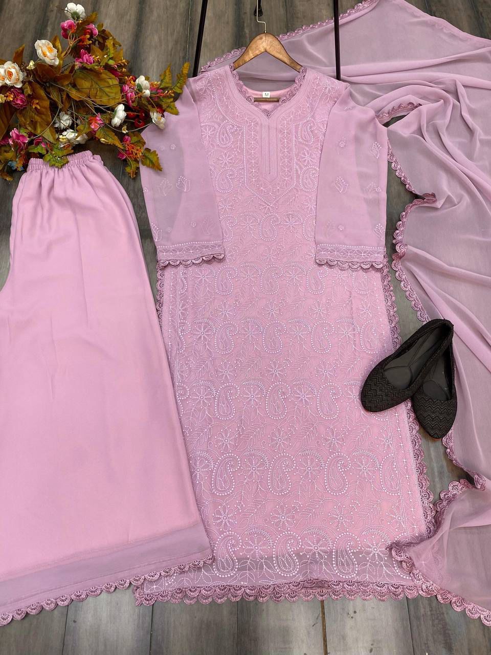 Viscose Georgette chikankari kurta with Plazzo and Dupatta