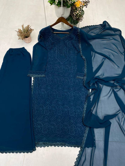 Viscose Georgette chikankari kurta with Plazzo and Dupatta