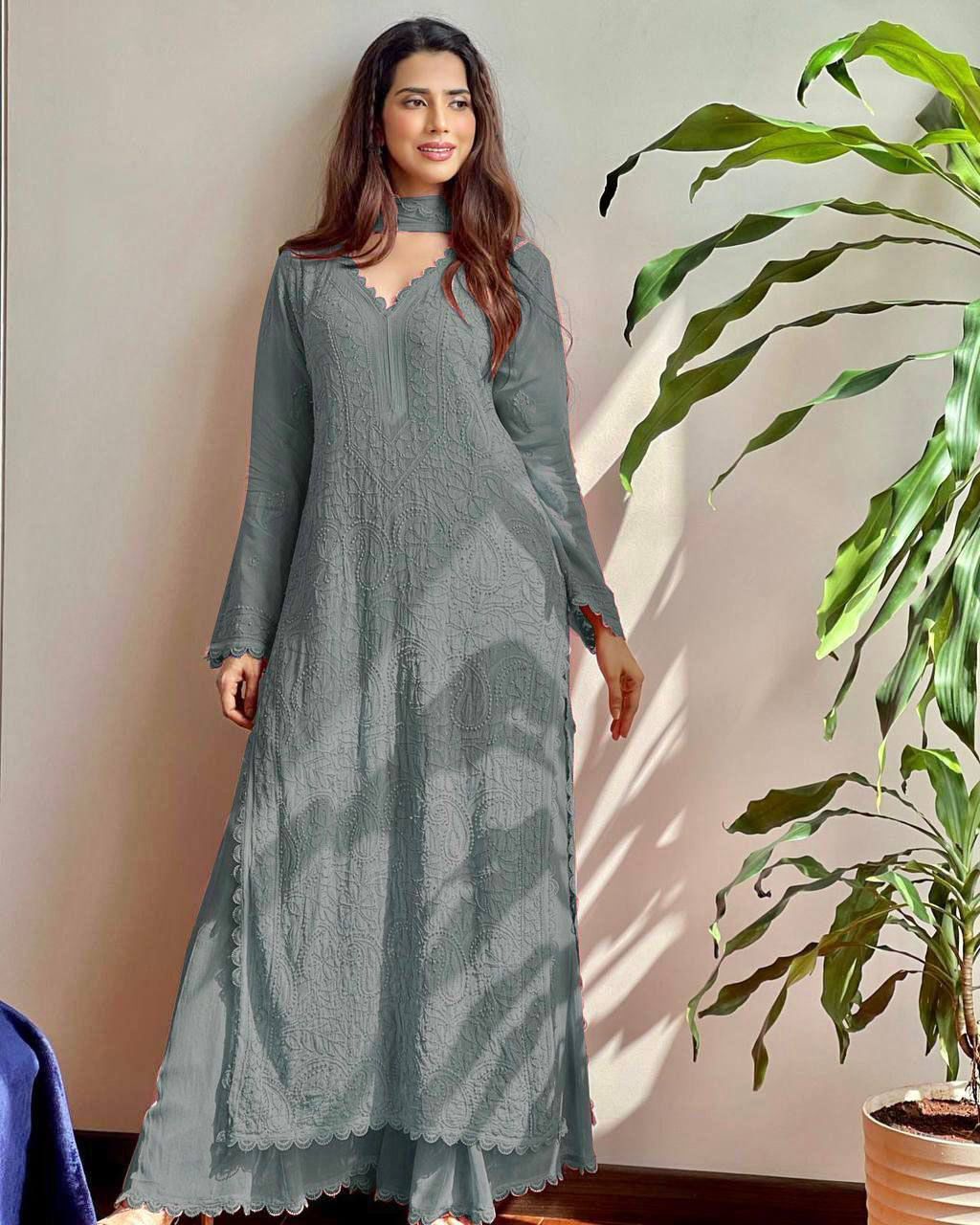 Viscose Georgette chikankari kurta with Plazzo and Dupatta