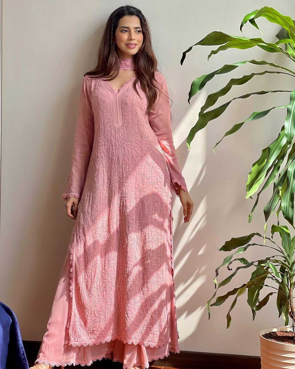 Viscose Georgette chikankari kurta with Plazzo and Dupatta