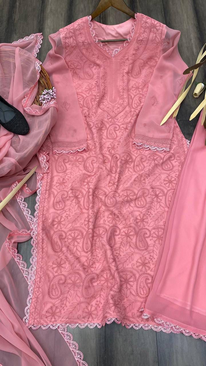 Viscose Georgette chikankari kurta with Plazzo and Dupatta