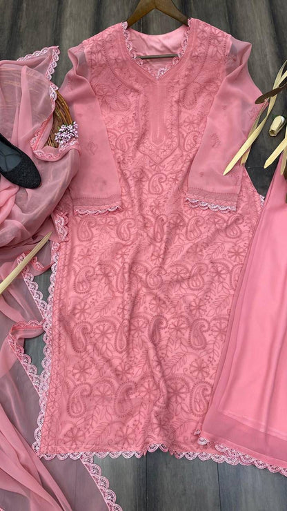 Viscose Georgette chikankari kurta with Plazzo and Dupatta