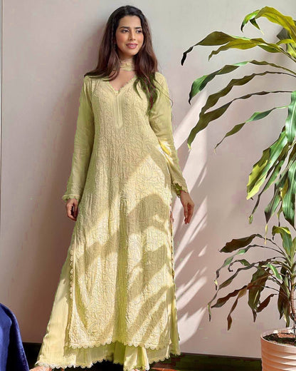 Viscose Georgette chikankari kurta with Plazzo and Dupatta