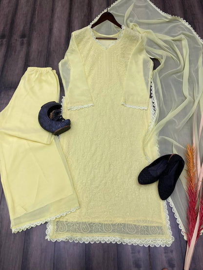 Viscose Georgette chikankari kurta with Plazzo and Dupatta