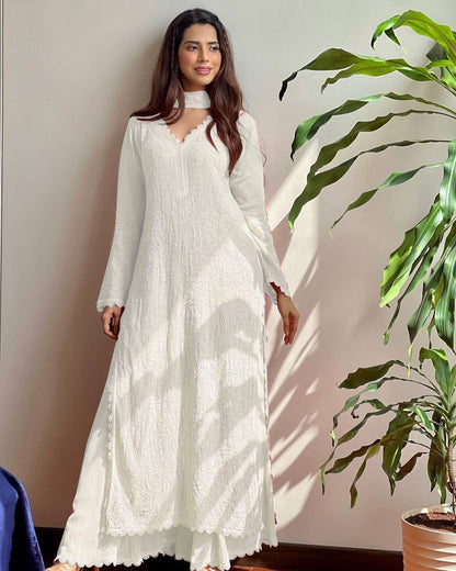 Viscose Georgette chikankari kurta with Plazzo and Dupatta