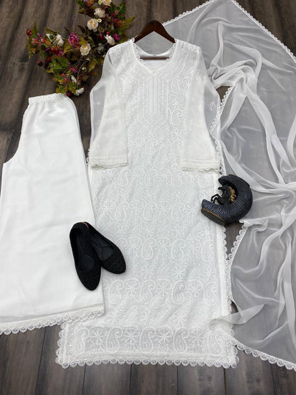 Viscose Georgette chikankari kurta with Plazzo and Dupatta