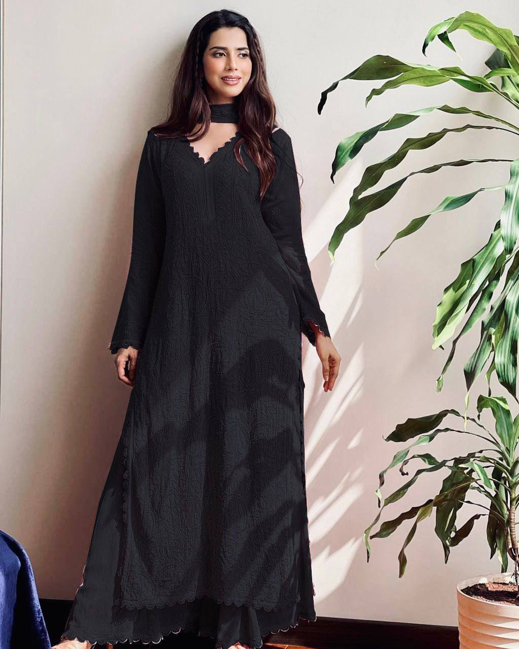 Viscose Georgette chikankari kurta with Plazzo and Dupatta
