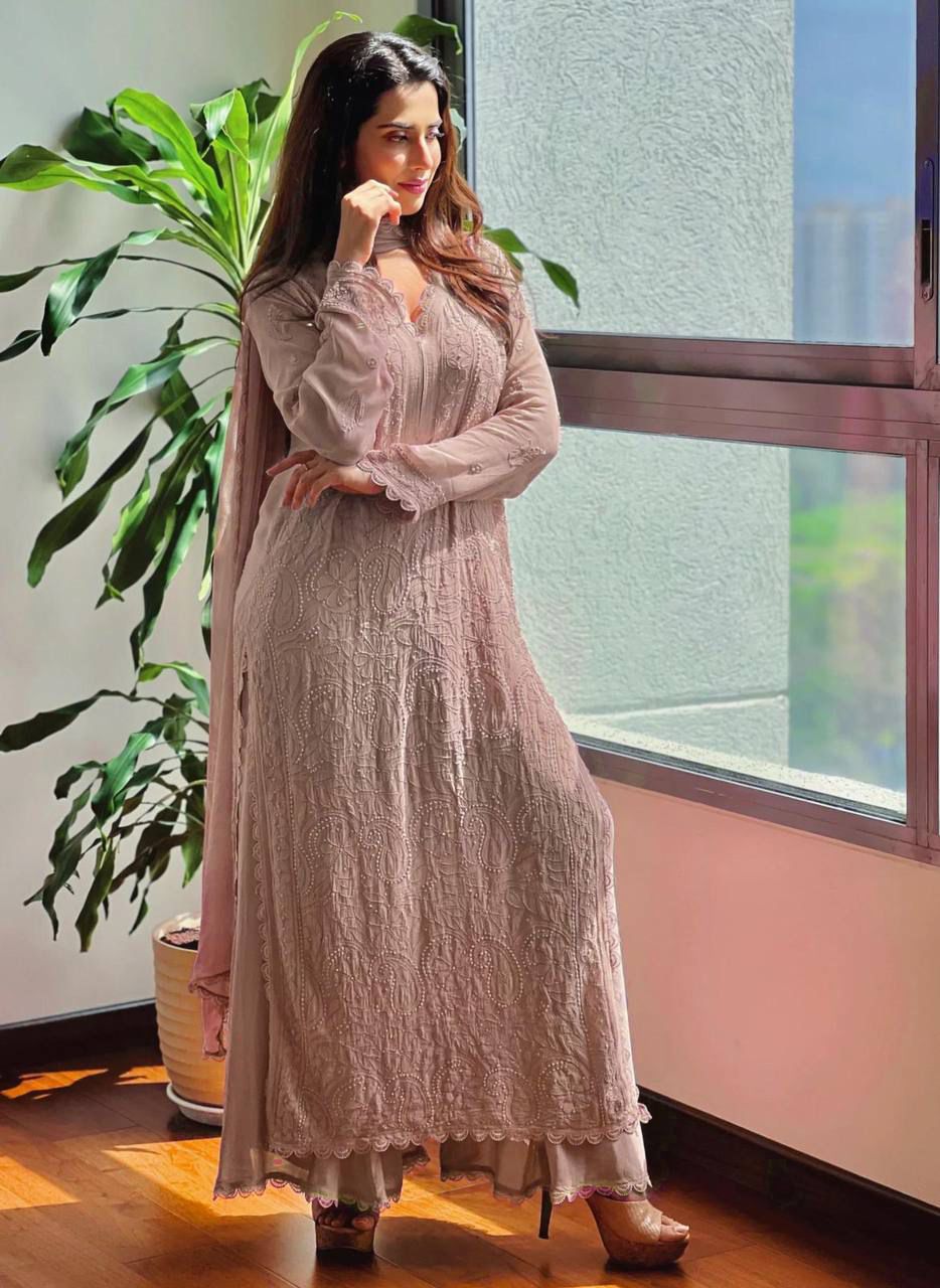 Viscose Georgette chikankari kurta with Plazzo and Dupatta