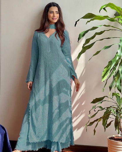 Viscose Georgette chikankari kurta with Plazzo and Dupatta