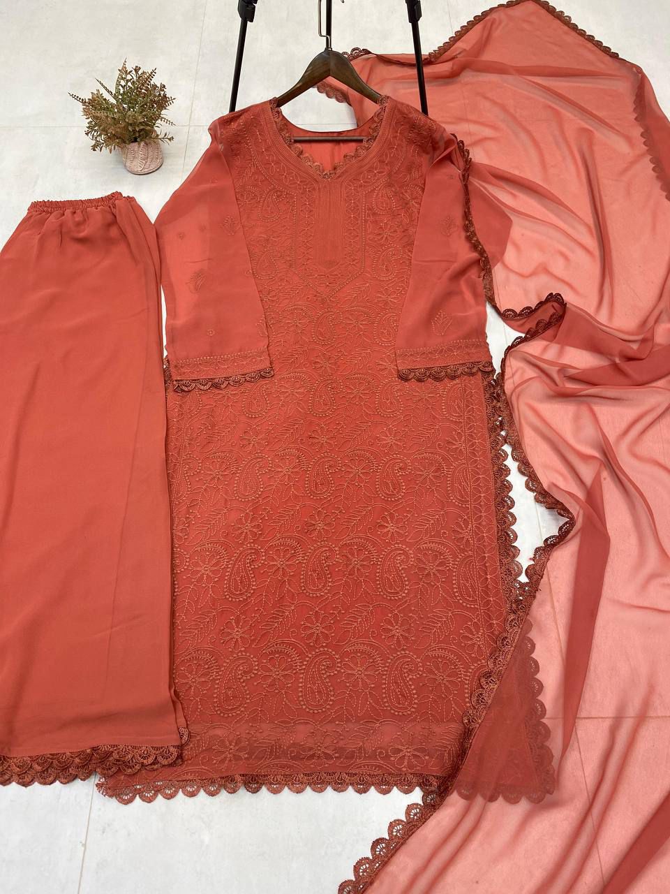 Viscose Georgette chikankari kurta with Plazzo and Dupatta