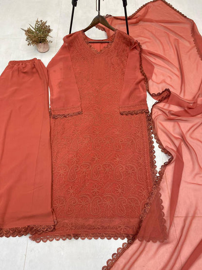 Viscose Georgette chikankari kurta with Plazzo and Dupatta