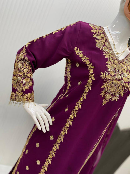 Voilet ethnic set with allover embroidery with dupatta