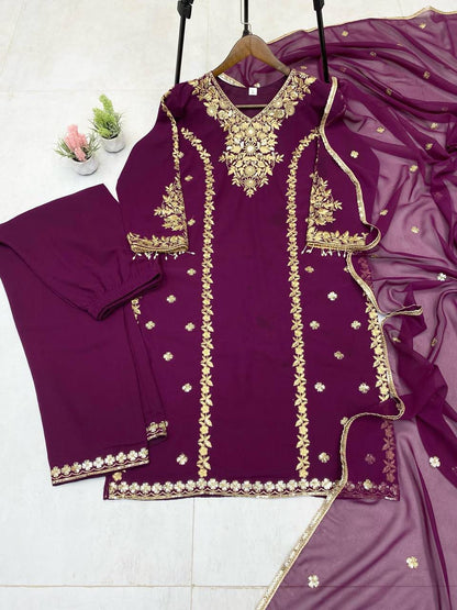 Voilet ethnic set with allover embroidery with dupatta
