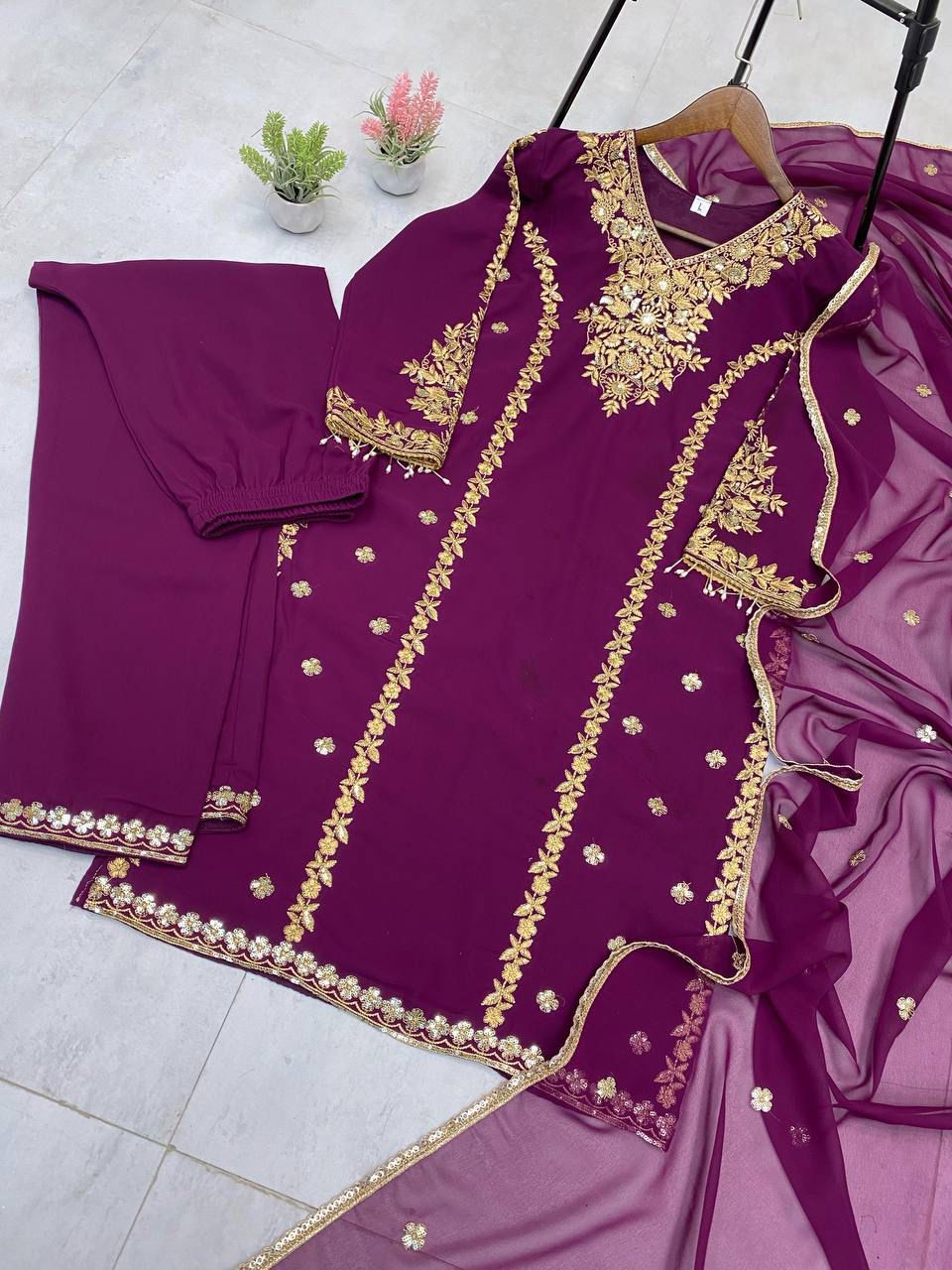 Voilet ethnic set with allover embroidery with dupatta