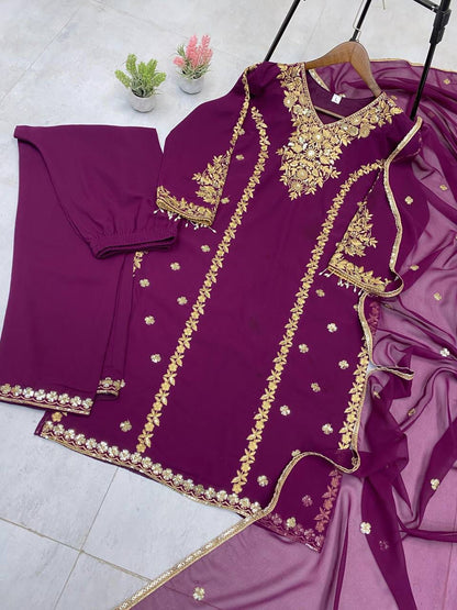 Voilet ethnic set with allover embroidery with dupatta