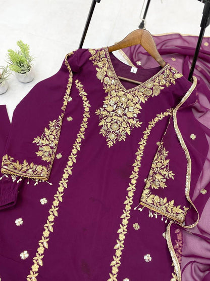 Voilet ethnic set with allover embroidery with dupatta