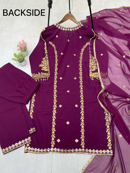 Voilet ethnic set with allover embroidery with dupatta