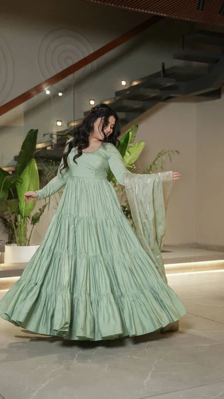 PURE ROMANSILK CHANDERI FABRIC FULLY FLAIR ANARKALI,WITH DUPPTA SET