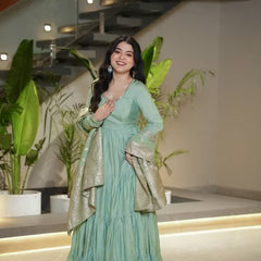 PURE ROMANSILK CHANDERI FABRIC FULLY FLAIR ANARKALI,WITH DUPPTA SET