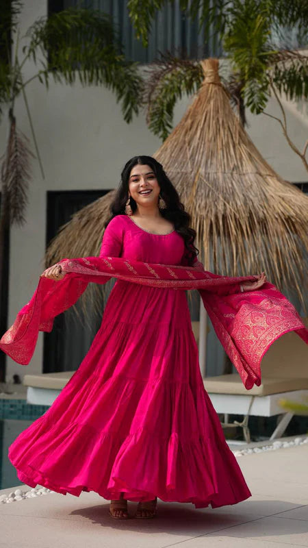 PURE ROMANSILK CHANDERI FABRIC FULLY FLAIR ANARKALI,WITH DUPPTA SET