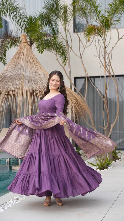 PURE ROMANSILK CHANDERI FABRIC FULLY FLAIR ANARKALI,WITH DUPPTA SET